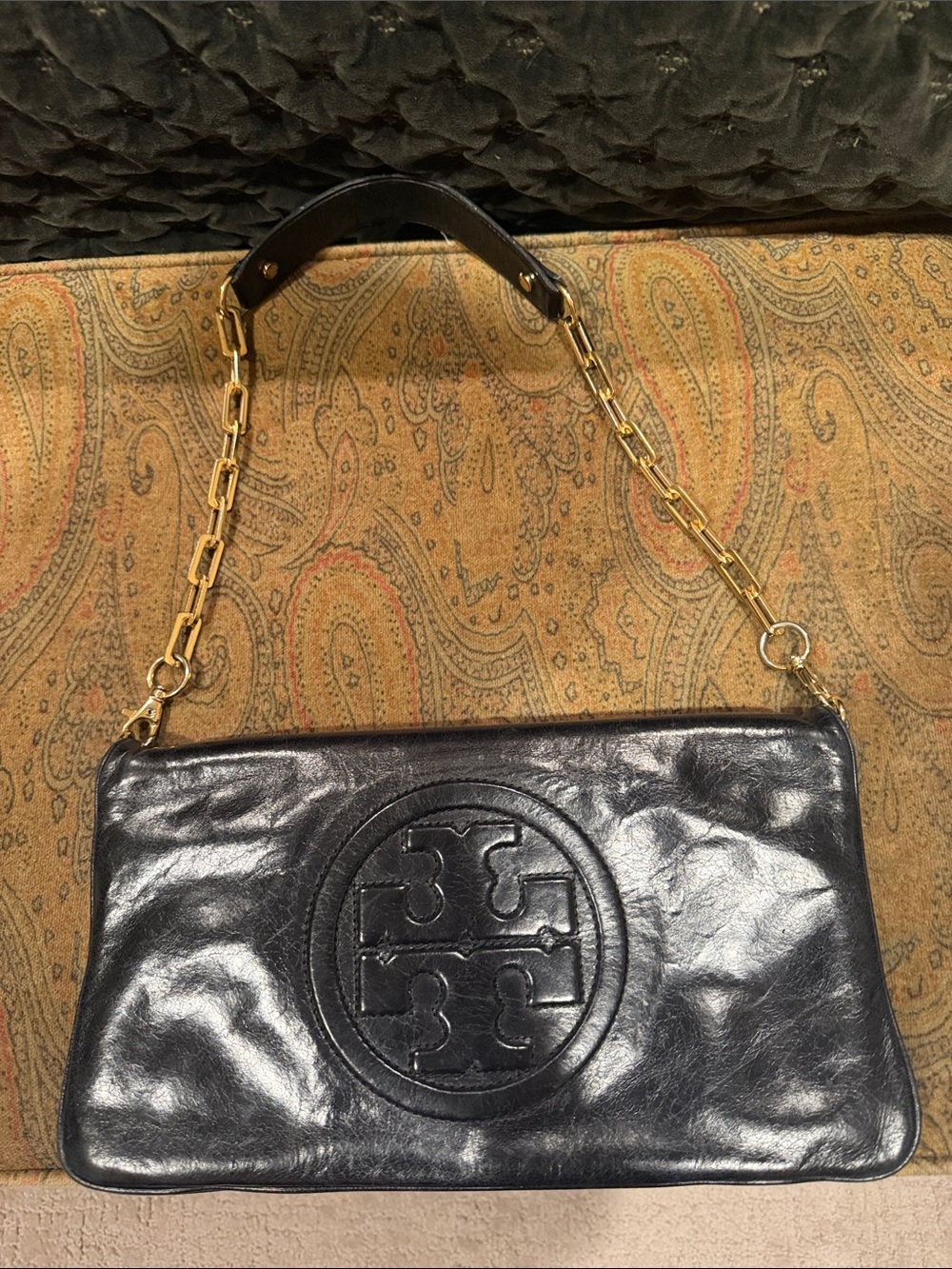 Tory Burch Black Leather Shoulder Bag with Gold Chain Strap